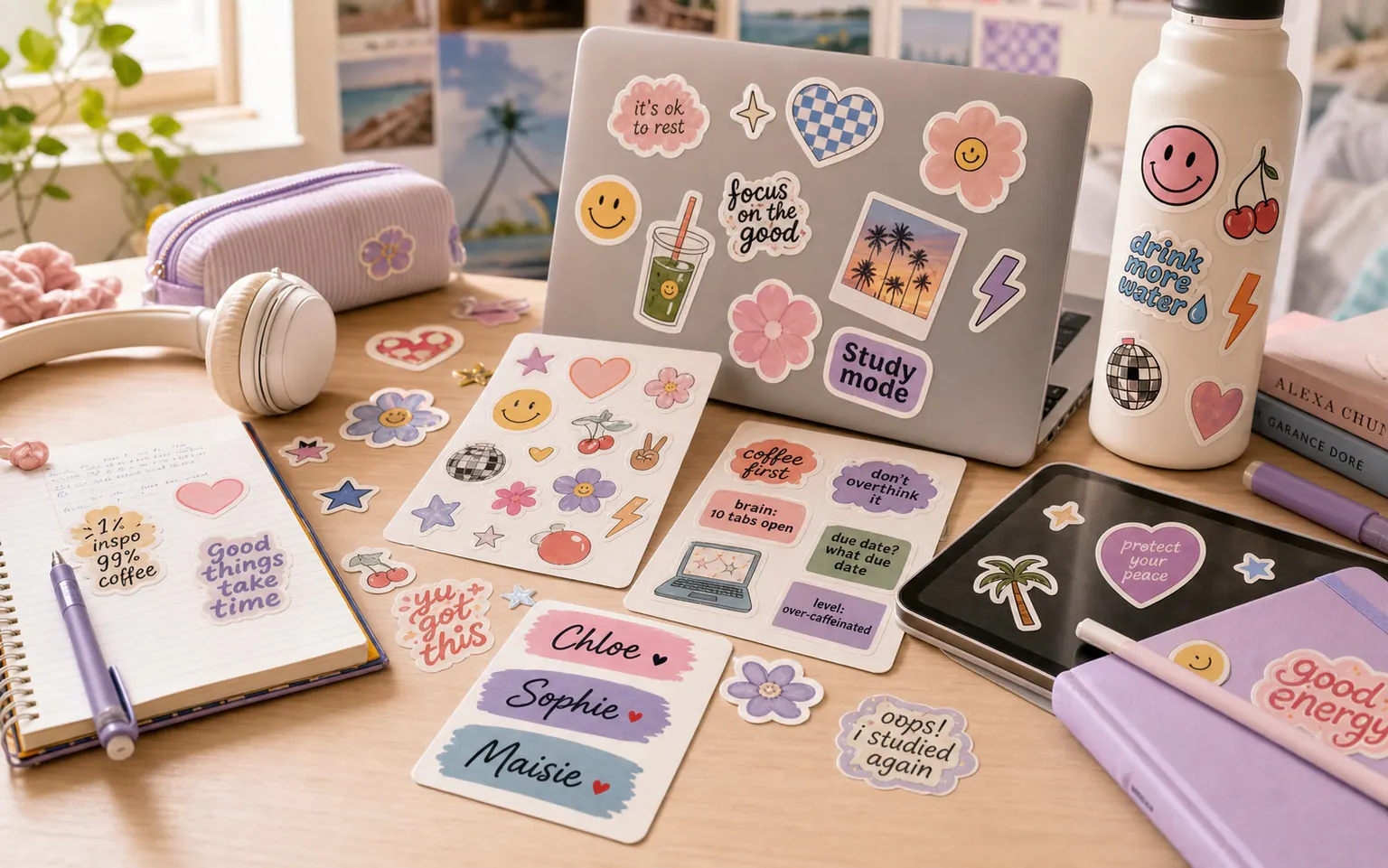 Cute sticker sheets, laptop stickers, water bottle stickers, pet cutouts, and party stickers on a warm table.