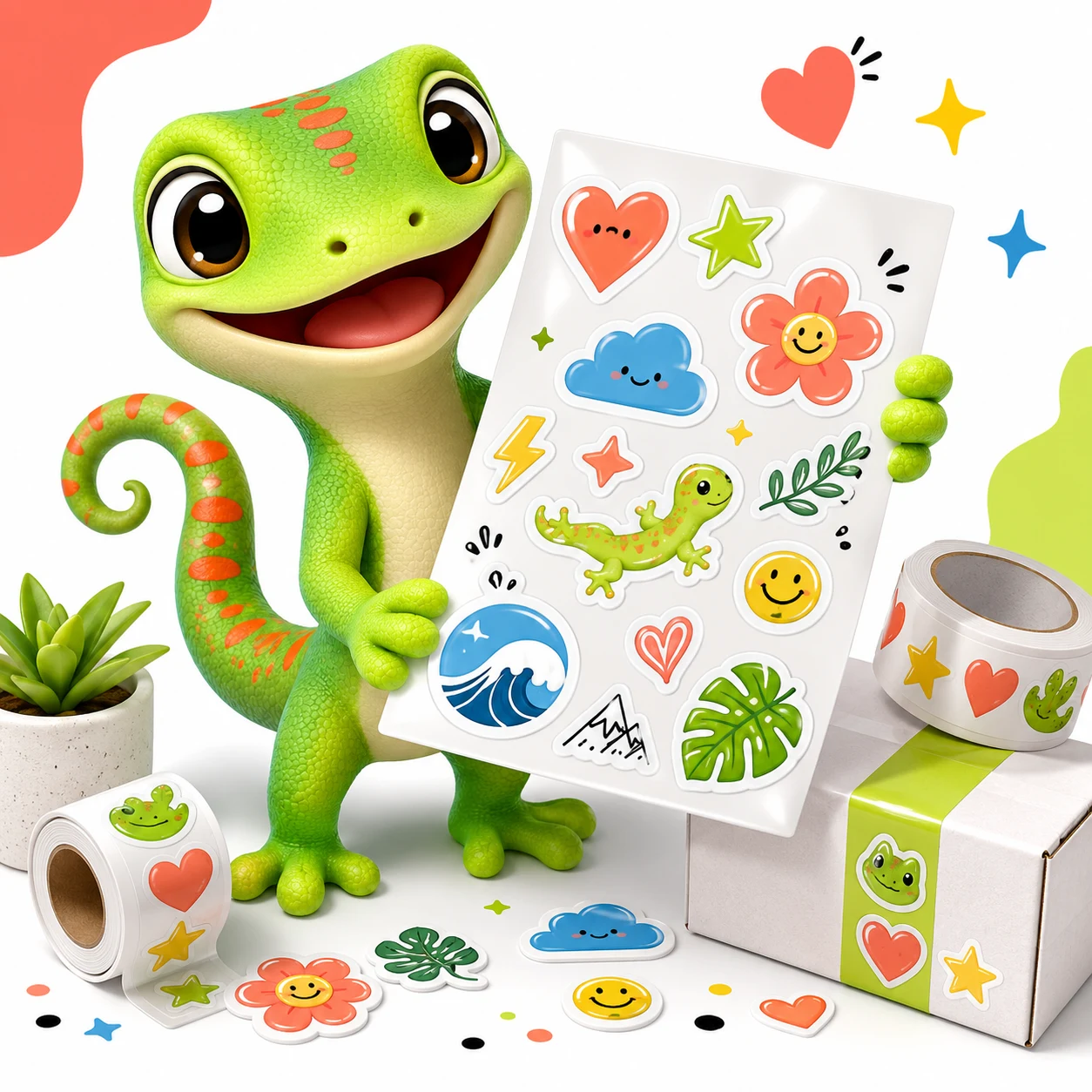 Stickiva gecko mascot holding a glossy custom sticker sheet beside sticker rolls and a parcel