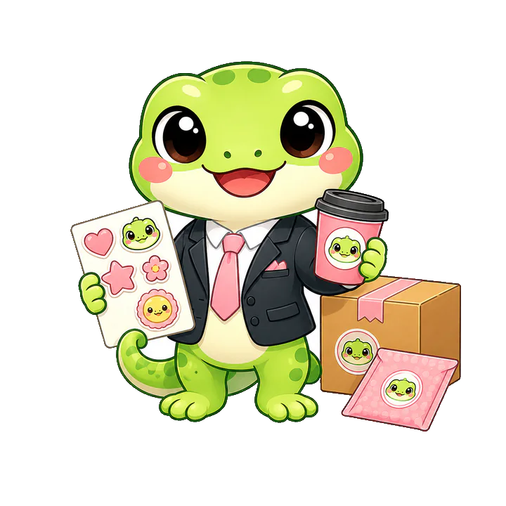 Business gecko mascot holding branded stickers and a takeaway cup
