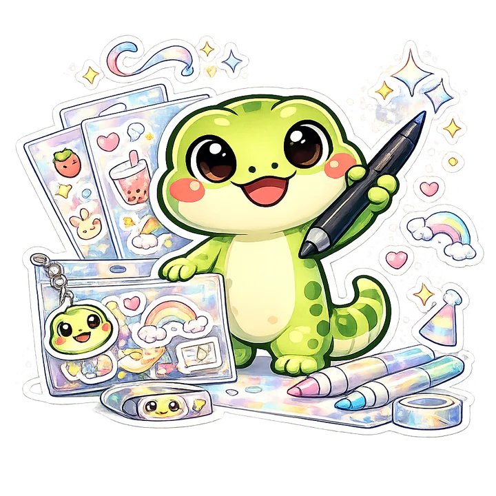 Creator gecko mascot with art supplies and sticker sheets