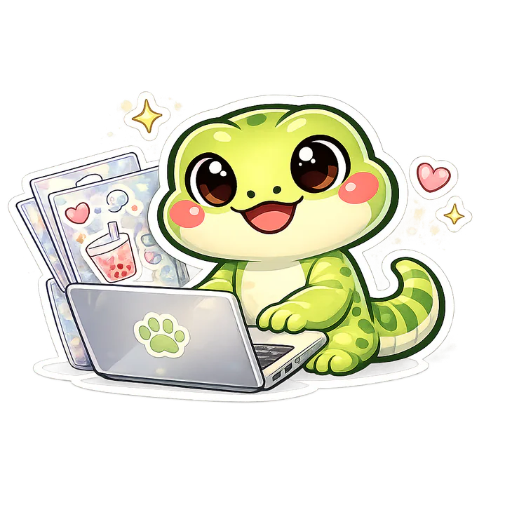 Student gecko mascot with a laptop and sticker sheets