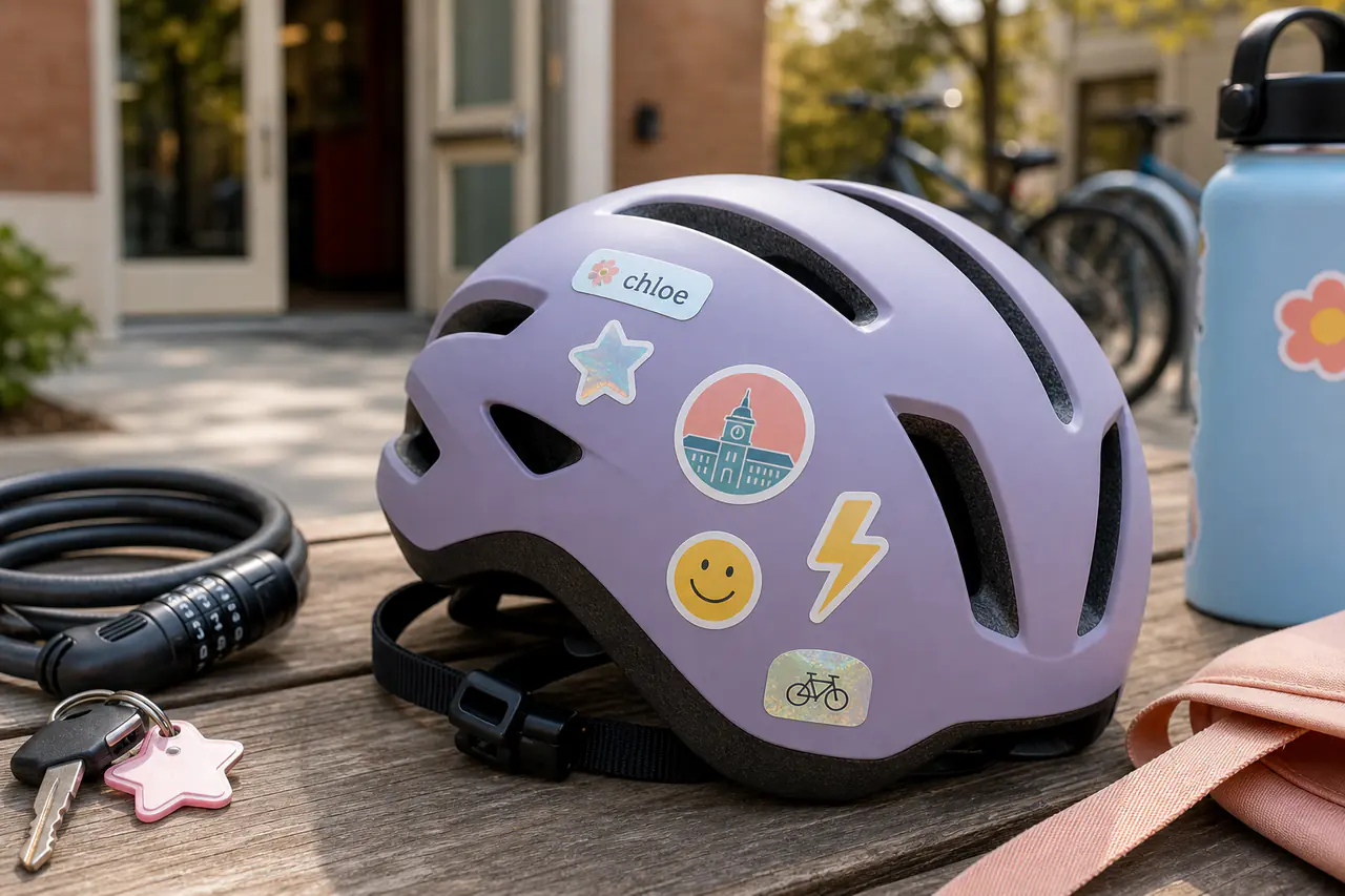 A bicycle helmet covered with waterproof custom decal stickers