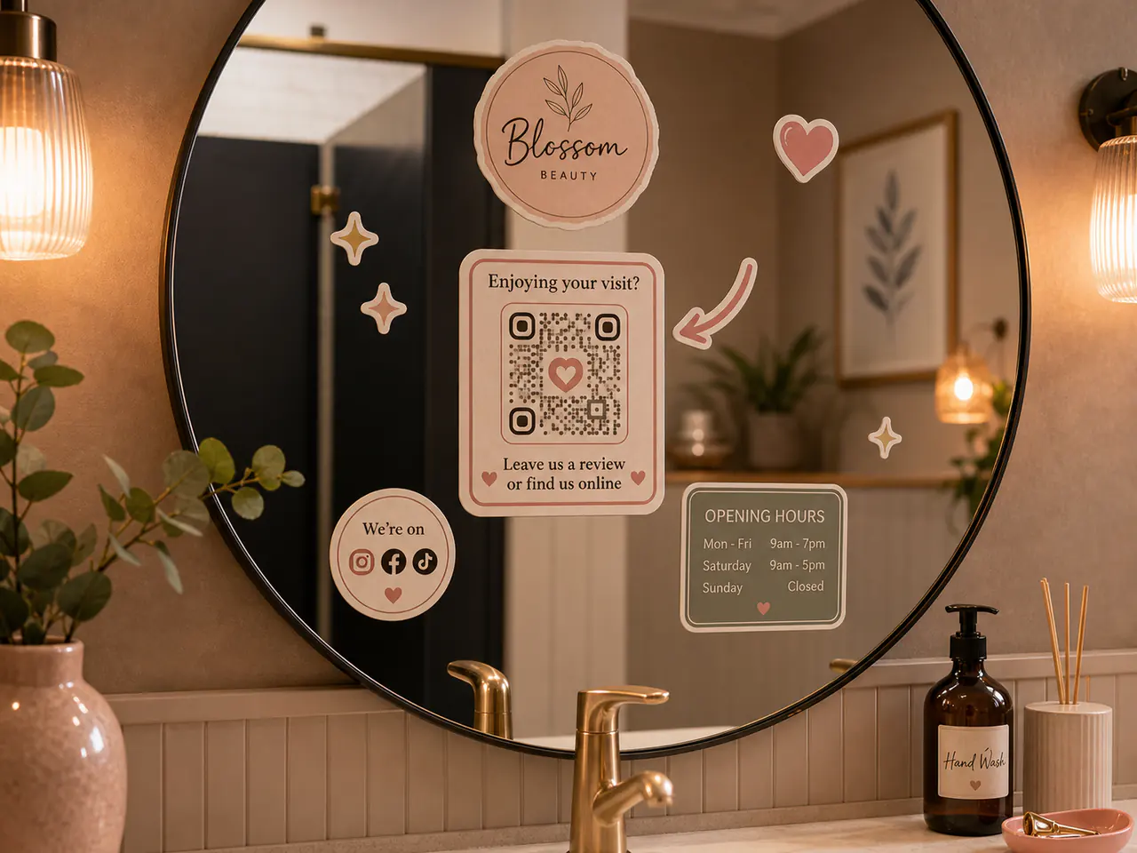 QR code decal on a business mirror