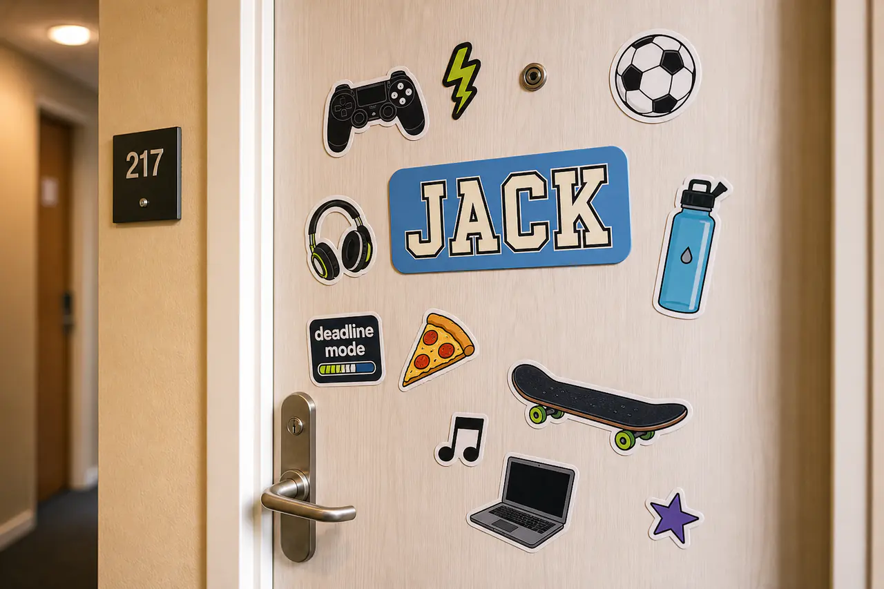 A male student dorm door decorated with custom name and hobby stickers