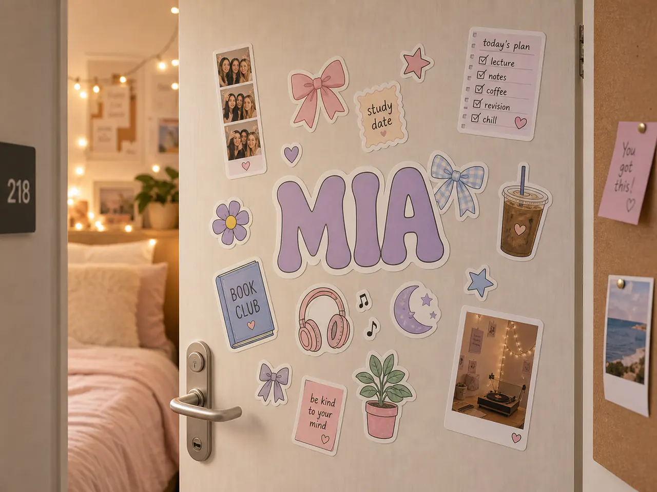 A cosy pastel student dorm door partly open with Mia name stickers, photo stickers, bows, and planner decals