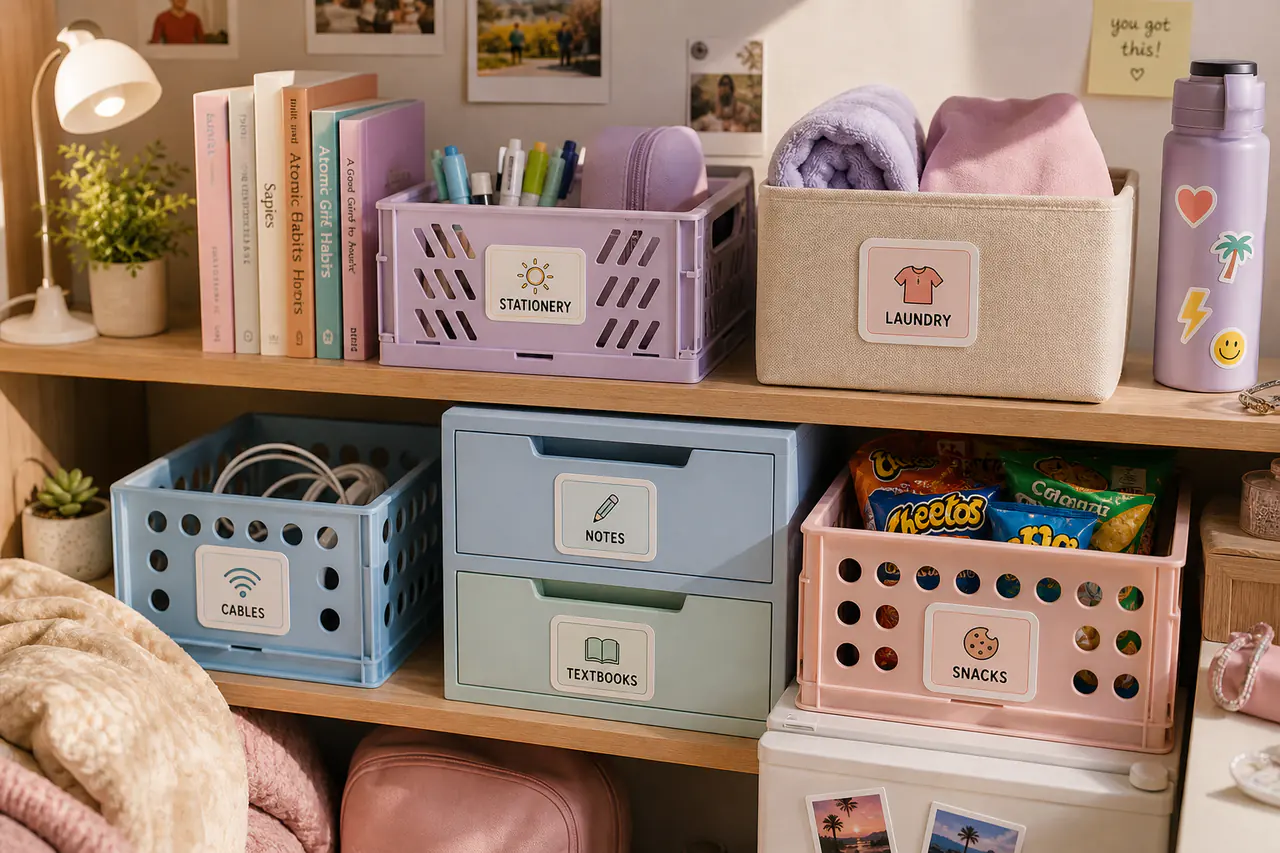 A student dorm shelf with labelled storage boxes and crates