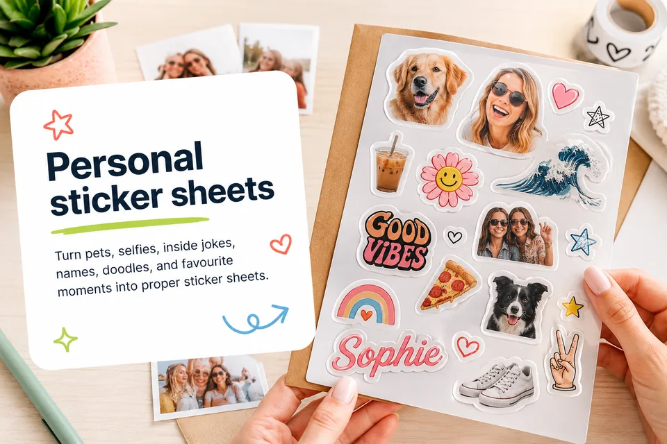 Personal sticker sheets: turn pets, selfies, inside jokes, names, doodles, and favourite moments into proper sticker sheets.
