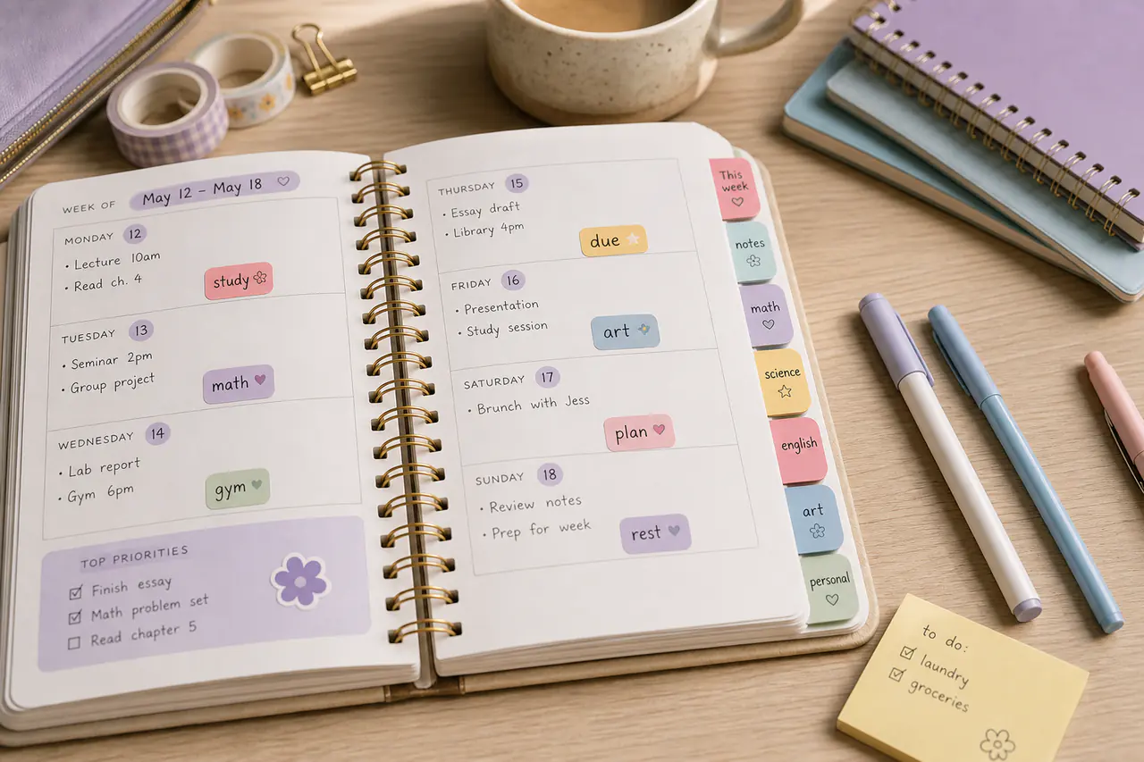 An open student planner with custom subject tabs and tiny stickers
