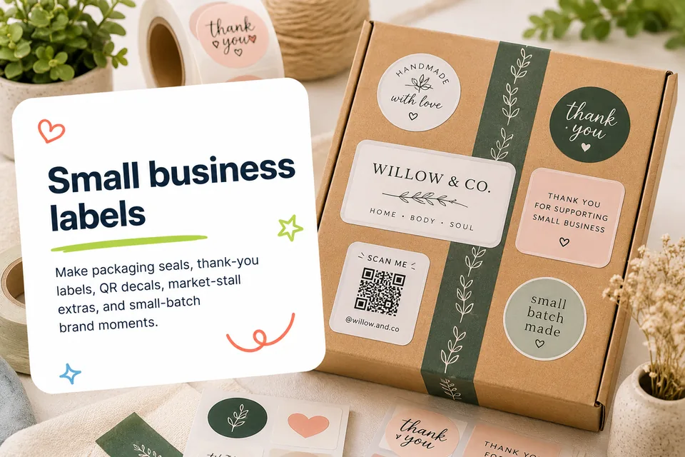 Small business labels: make packaging seals, thank-you labels, QR decals, market-stall extras, and small-batch brand moments.