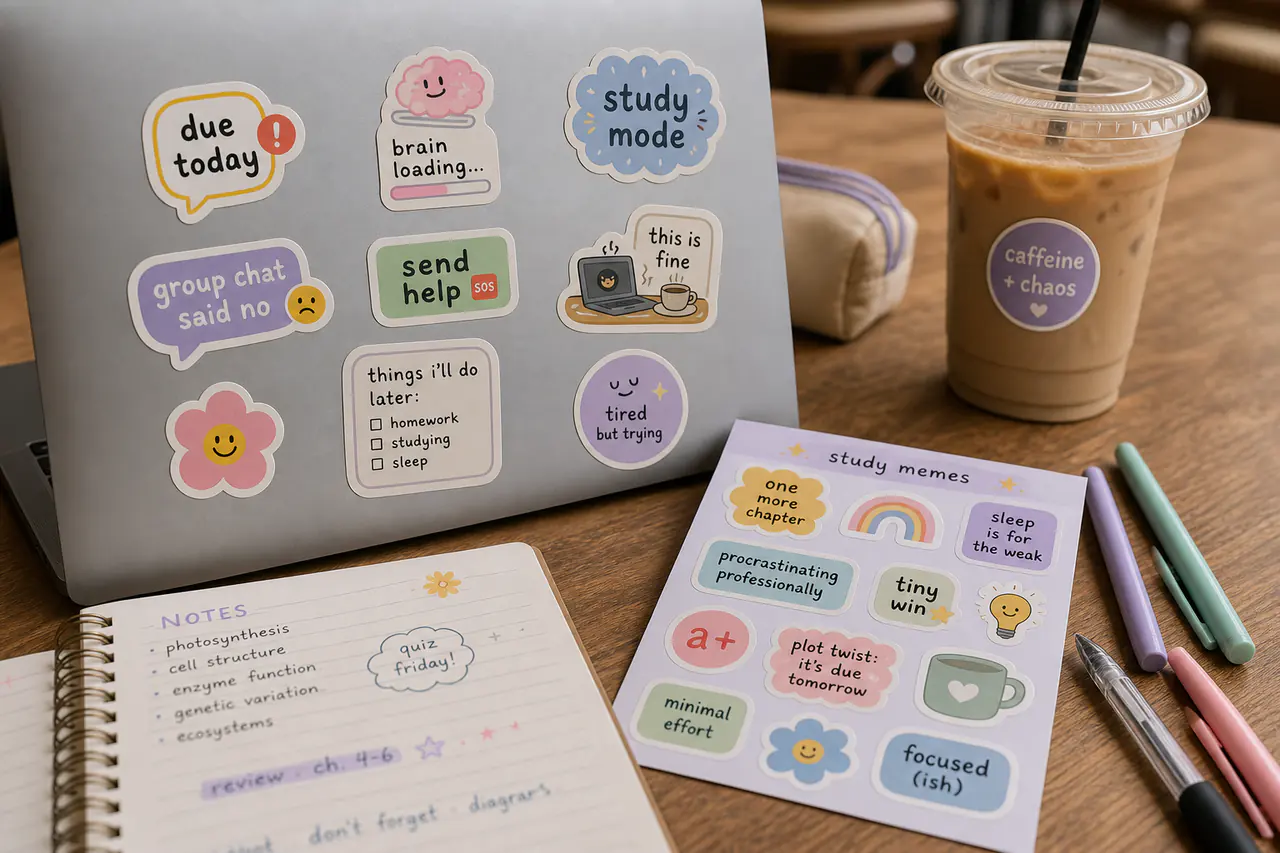 A laptop and sticker sheet covered with funny student study meme stickers