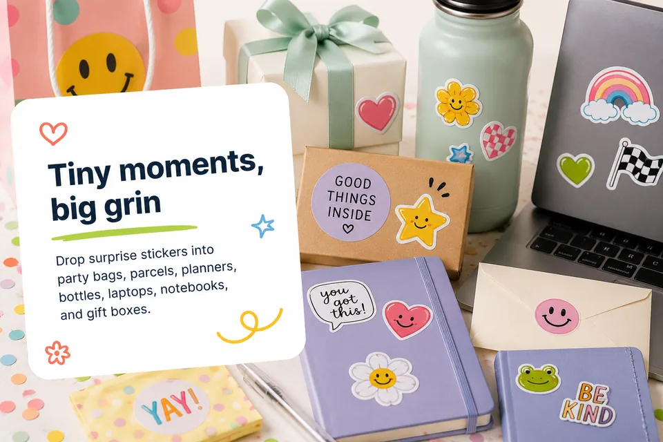 Tiny moments, big grin: drop surprise stickers into party bags, parcels, planners, bottles, laptops, notebooks, and gift boxes.
