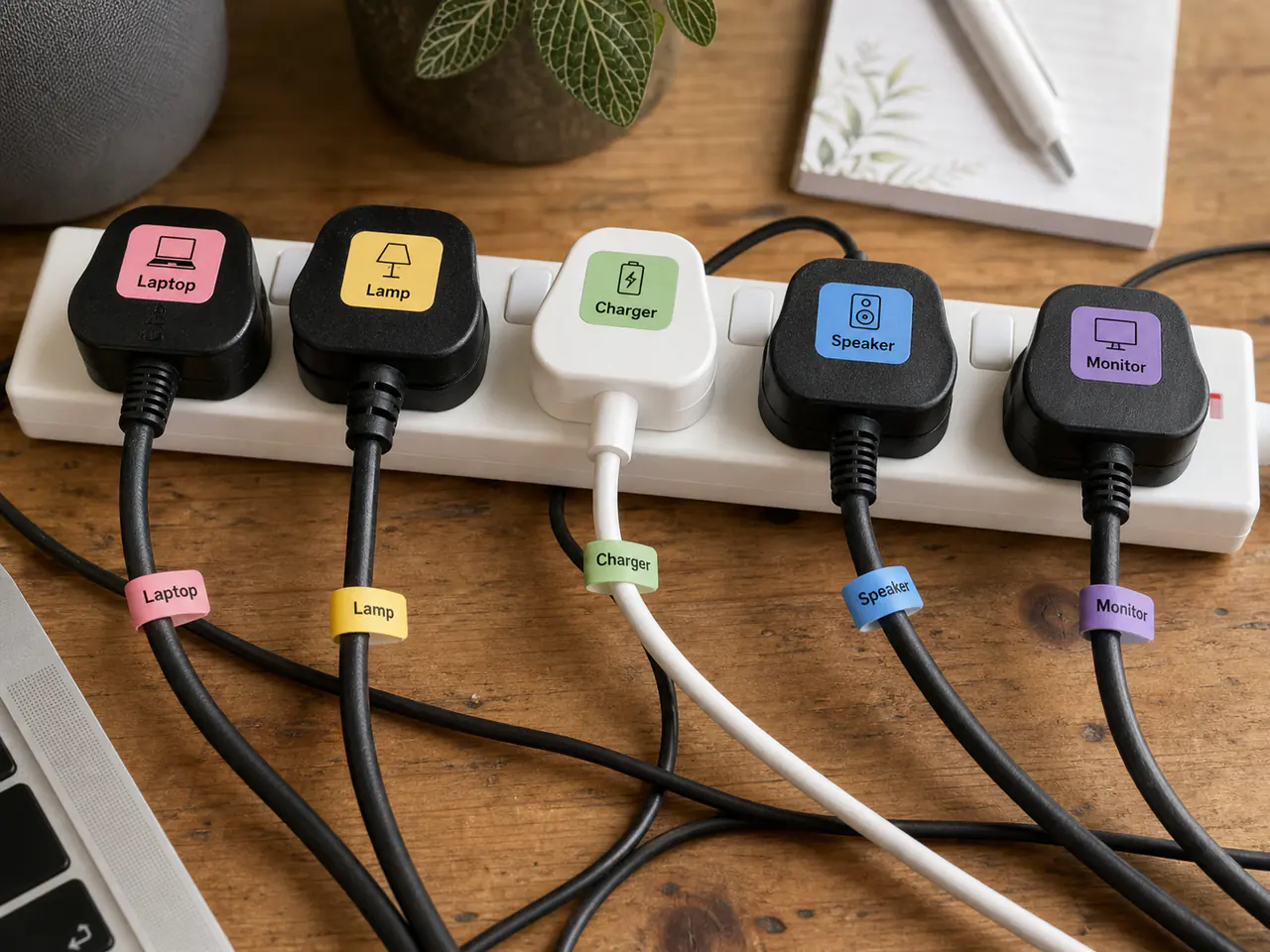 A UK extension socket bank with multiple plugged-in three-pin plugs and colourful custom label stickers