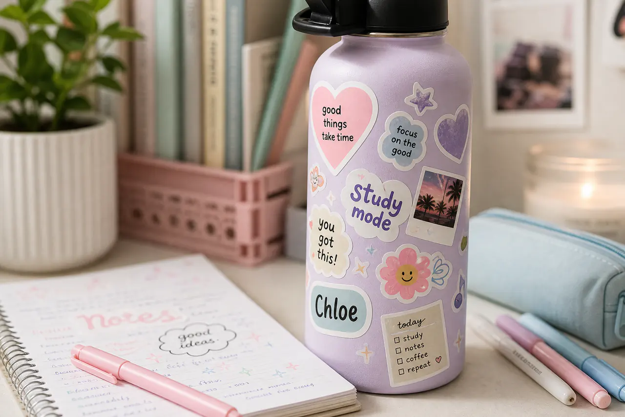A water bottle covered with cute custom stickers on a desk